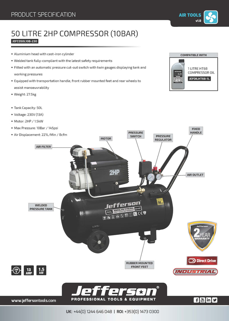 Jefferson 50 Litre 2HP 10 Bar Compressor 230V (13A)