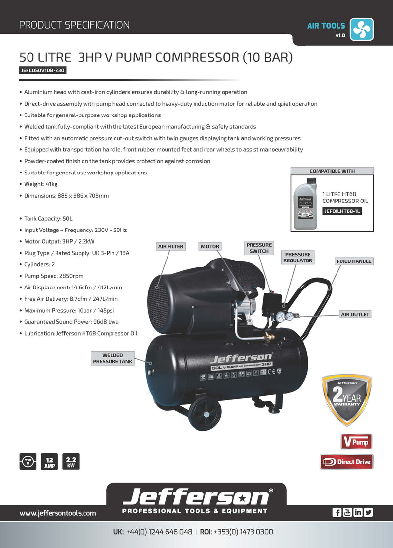 Jefferson 50 Litre 3HP 10 Bar V Pump Compressor (230V)