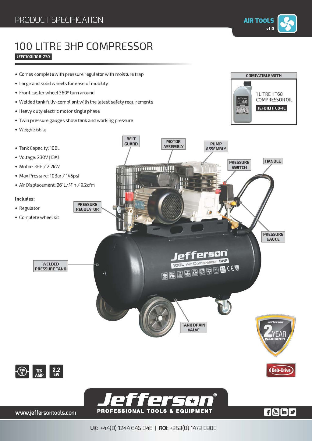 100l Compressor Components Jefferson 100 Litre 3HP 10 Bar Compressor (230V)