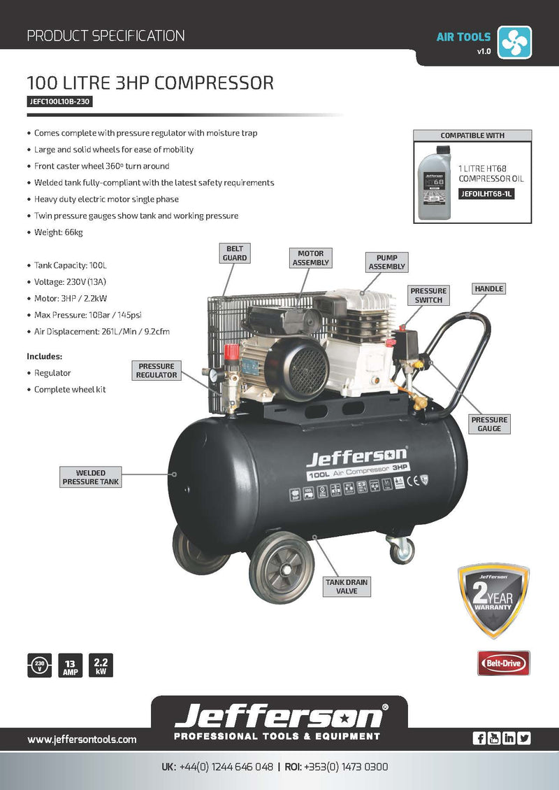 Jefferson 100 Litre 3HP 10 Bar Compressor (230V)