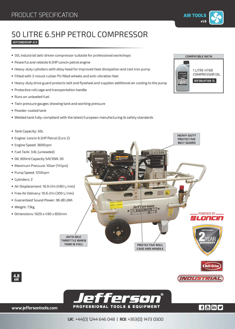 Jefferson 50 Litre 6.5HP 10 Bar Petrol Compressor