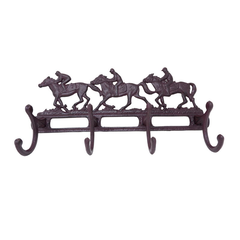 Cast Iron Race Horse & Jockey Coat Key Wall Rack  4 Hooks Pegs Stable Wall House