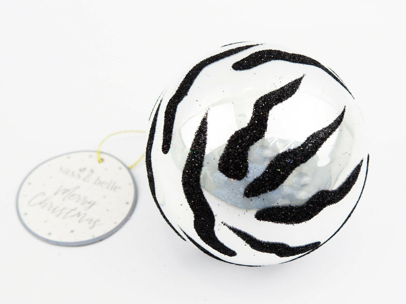 Set of four Glitter Zebra Print Safari Glass Christmas Bauble Decoration 8cm B&W