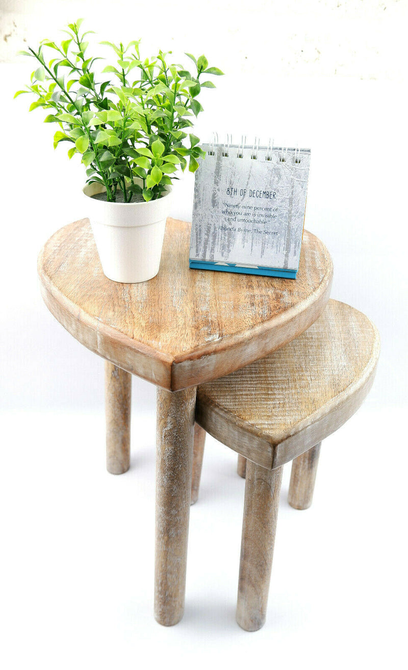 Sass & Belle Set of 2 Heart Wooden Stool Table Living Room Bedroom Rustic Gift