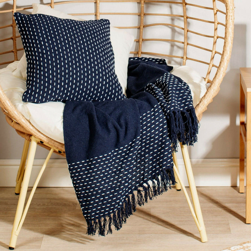 Sass & Belle Stitched Blue Blanket /Throw Fringed Edge Bed Chair Sofa Home Decor
