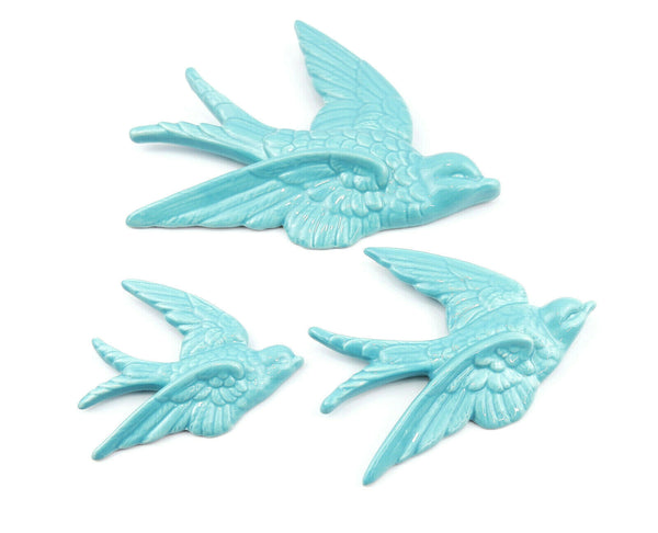 3 Flying Swallows Wall Art Sculptures Vintage Retro Duck Egg Blue Decoration