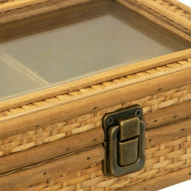Sass & Belle Rattan Jewellery Box with Glass Lid Window Necklace Rings Storage