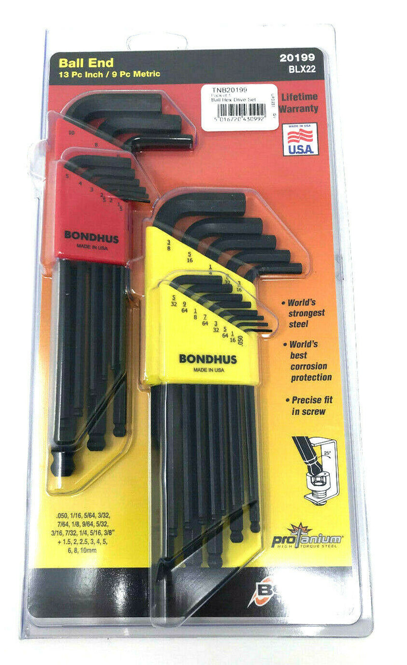 BONDHUS BLX22 20199 13 PIECE INCH / 9 PIECE METRIC BALL ENDED ALLEN HEX KEY SET