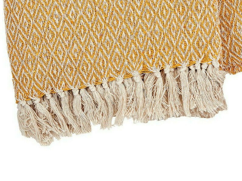 Scandi Boho Blanket Throw, Mustard Yellow Living Room Bedroom Herringbone Tassel