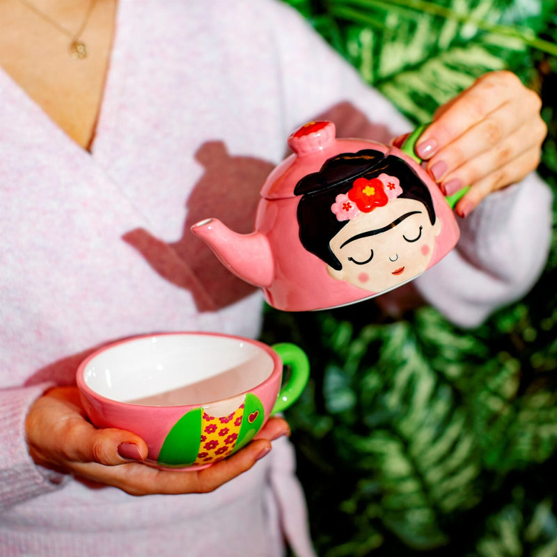 Sass & Belle Frida Kahlo Tea For One Pink Ceramic Teapot Gift Set