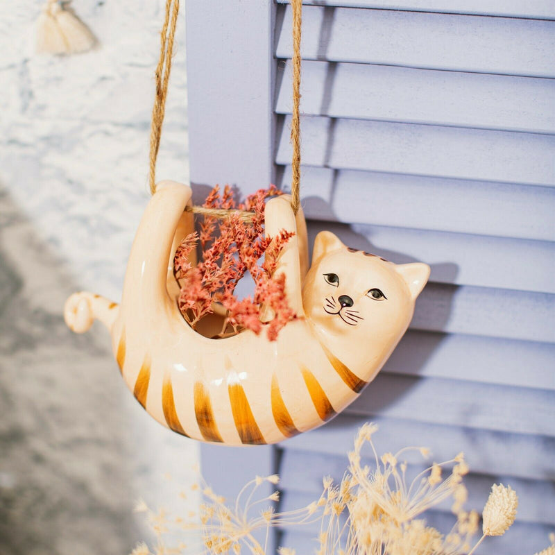 Sass and Belle Cute Cat Hanging Planter Cream Ceramic Plant Holder Home Decor