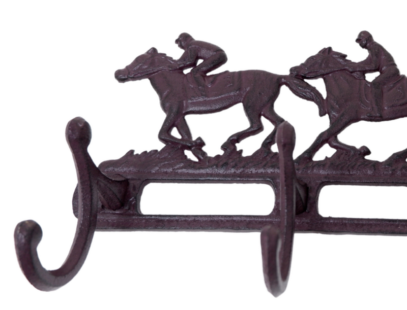Cast Iron Race Horse & Jockey Coat Key Wall Rack  4 Hooks Pegs Stable Wall House