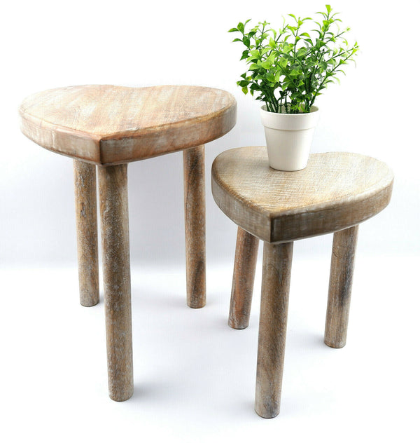 Sass & Belle Set of 2 Heart Wooden Stool Table Living Room Bedroom Rustic Gift