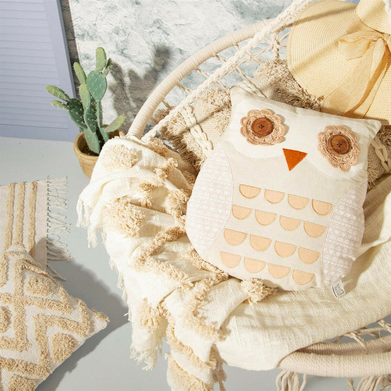 Sass & Belle Maya Button Eyed Owl Embroidered Cushion Plush Pillow Home Decor