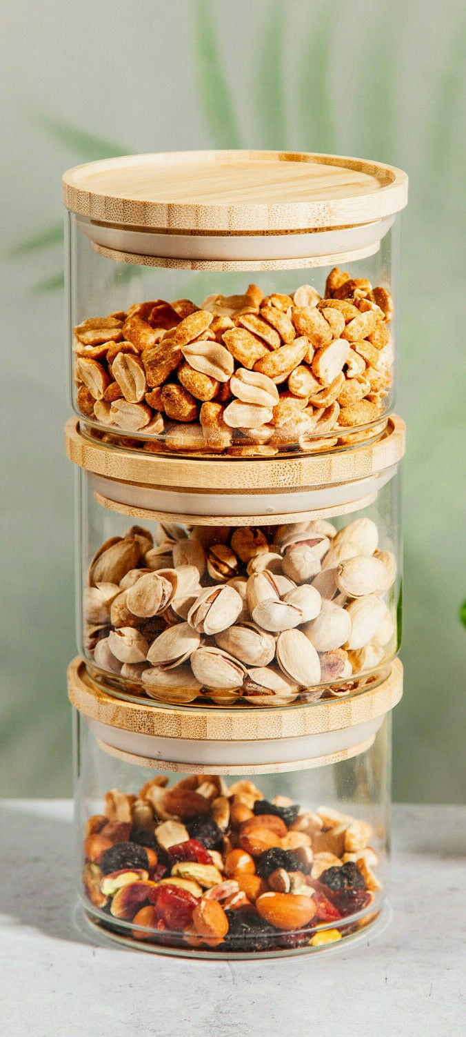 Sass & Belle Three Stacking Glass Kitchen Storage Jars with Natural Bamboo Lid