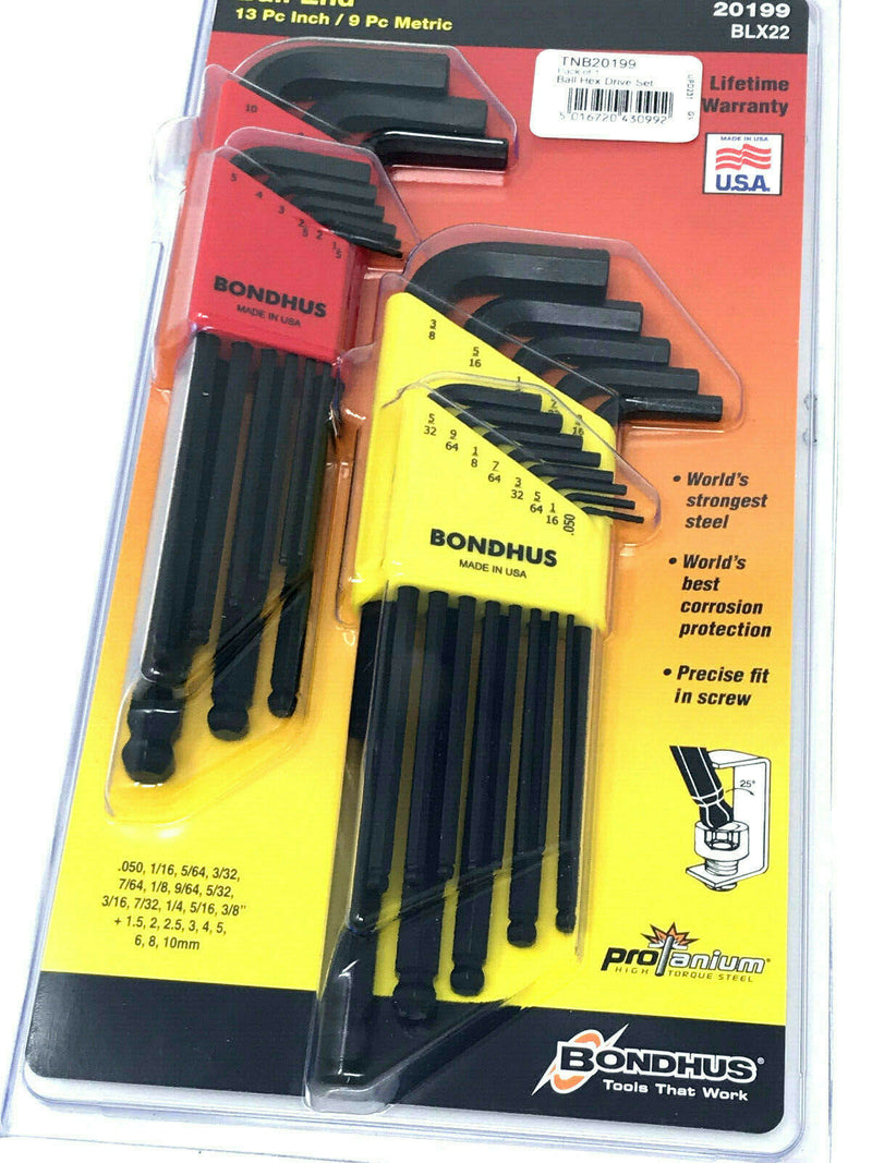 BONDHUS BLX22 20199 13 PIECE INCH / 9 PIECE METRIC BALL ENDED ALLEN HEX KEY SET