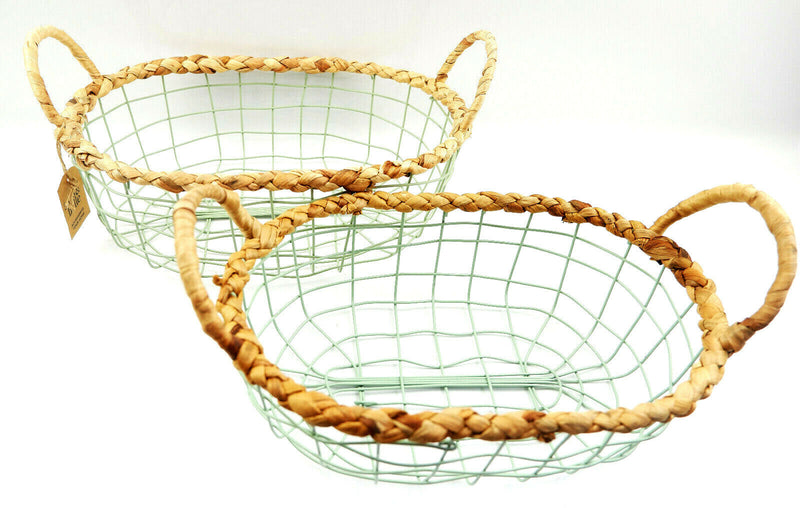 Set of 2 Vintage Country Green Iron Metal Wire Storage Baskets With Handles Deco
