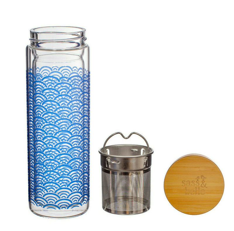 Sass & Belle Blue Wave Glass Water Bottle with infuser Travel Tea Bamboo Lid