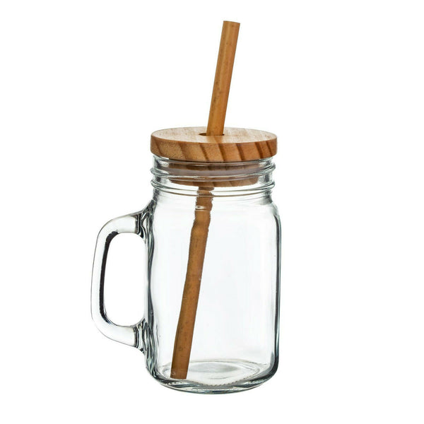 Sass & Belle Glass Mason Jar & Bamboo Straw and Wooden Lid Drinking Jars