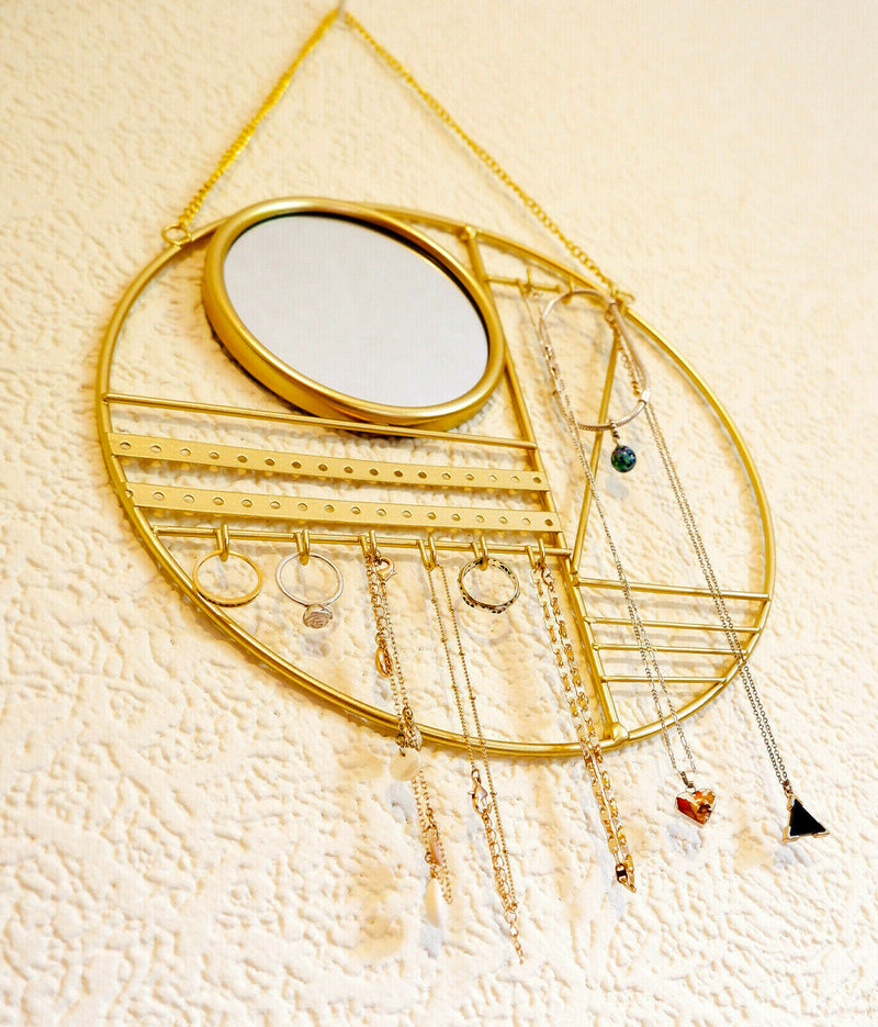 Abstract Gold Jewellery Hanger with Mirror Bedroom Necklace Earring Display Ring