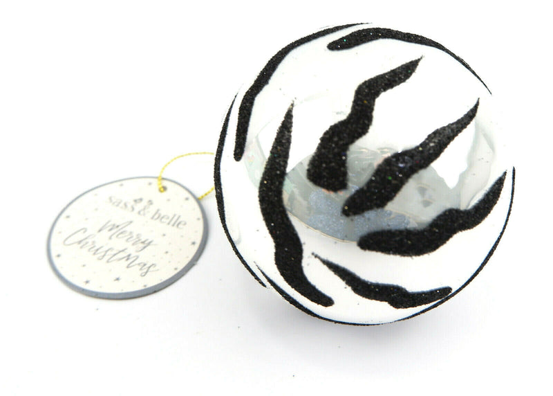 Set of four Glitter Zebra Print Safari Glass Christmas Bauble Decoration 8cm B&W