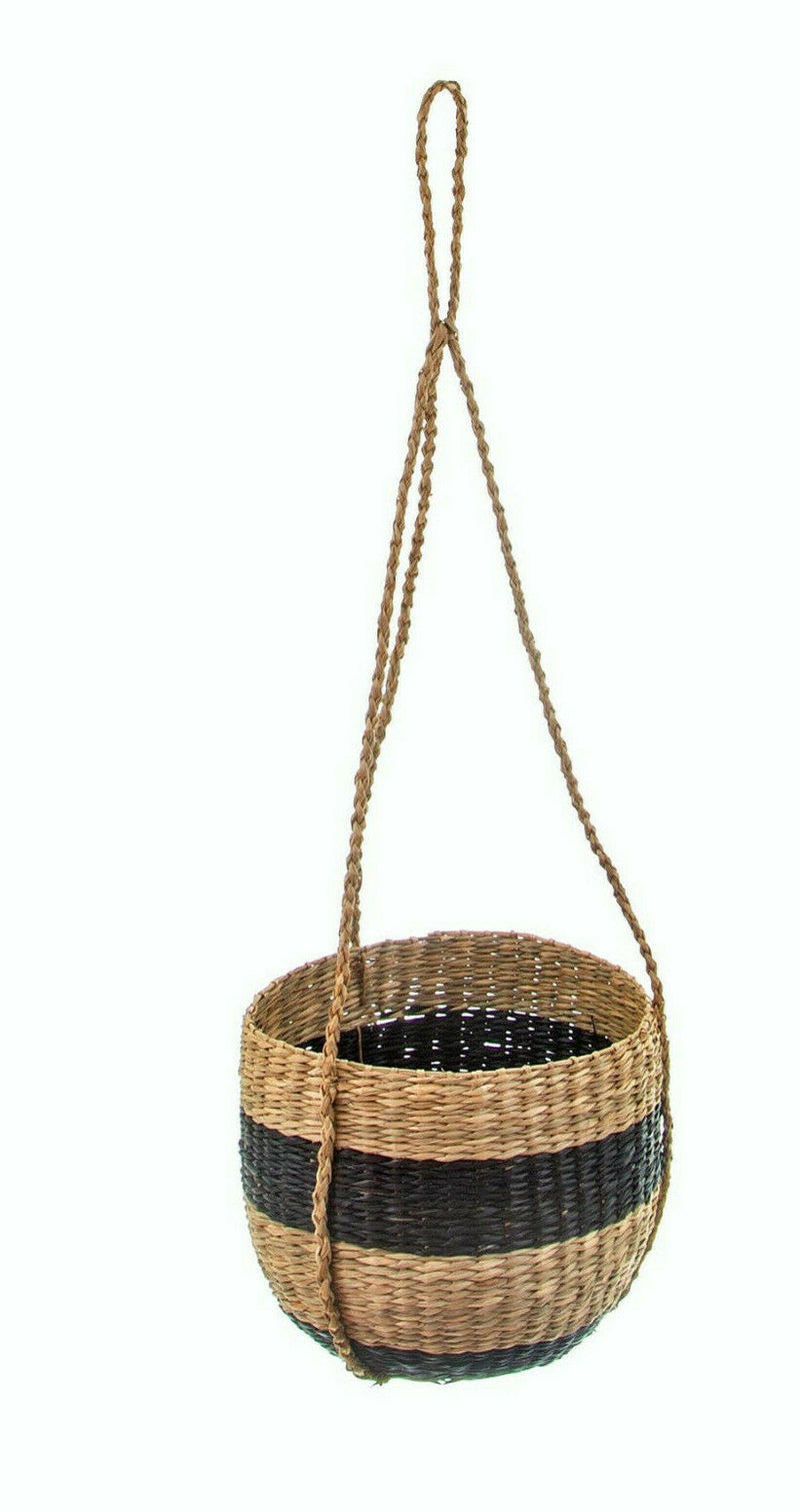 Sass and Belle Scandi Boho Black Stripe Seagrass Hanging Planter Gift Plant Home
