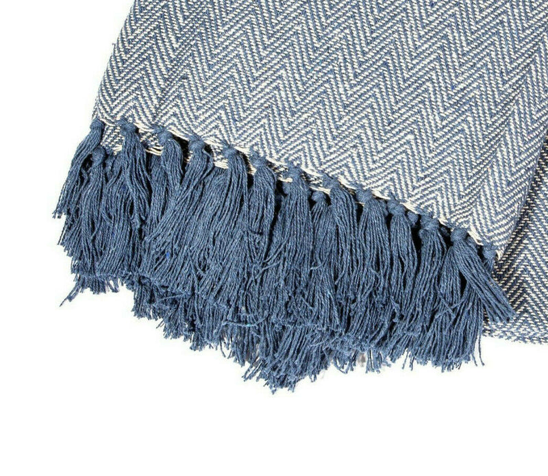 Sass & Belle Blue Herringbone Blanket Throw Warm Bedspread Chair Home Cotton