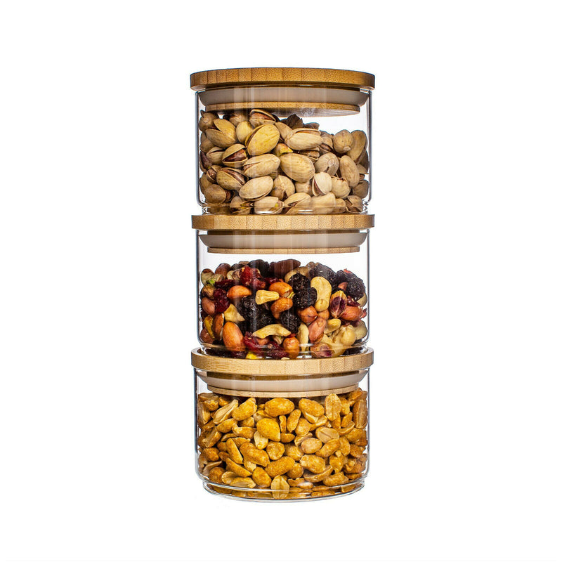 Sass & Belle Three Stacking Glass Kitchen Storage Jars with Natural Bamboo Lid