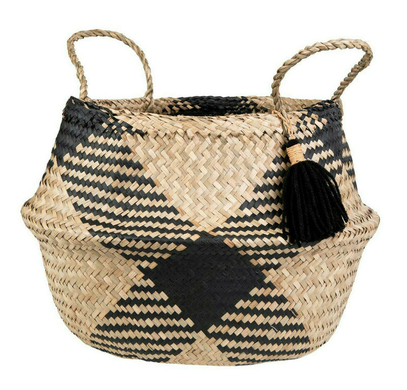 Sass & Belle Seagrass Black Tribal Tassel Storage Basket with Handles Home Decor