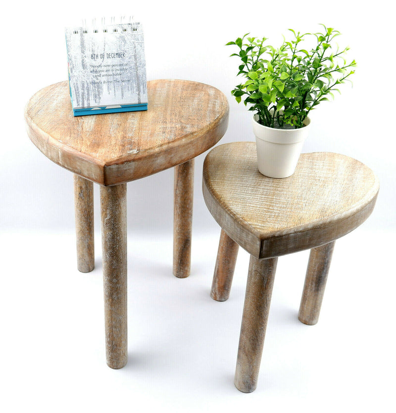 Sass & Belle Set of 2 Heart Wooden Stool Table Living Room Bedroom Rustic Gift