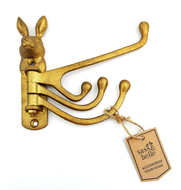Vintage Gold Quirky Rabbit Hare Metal Multi-Hook Wall Door Coat Hook Hanger