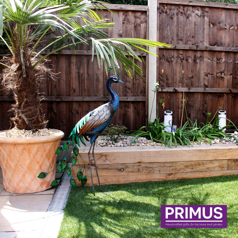 Primus Standing Peacock Hand Crafted Metal Garden Bird Ornament Sculpture PQ1505