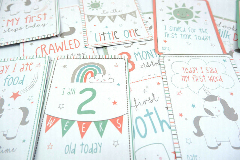 16 EVIE UNICORN NEW BABY 1ST YEAR MILESTONE CARDS GREY GENDER NEUTRAL