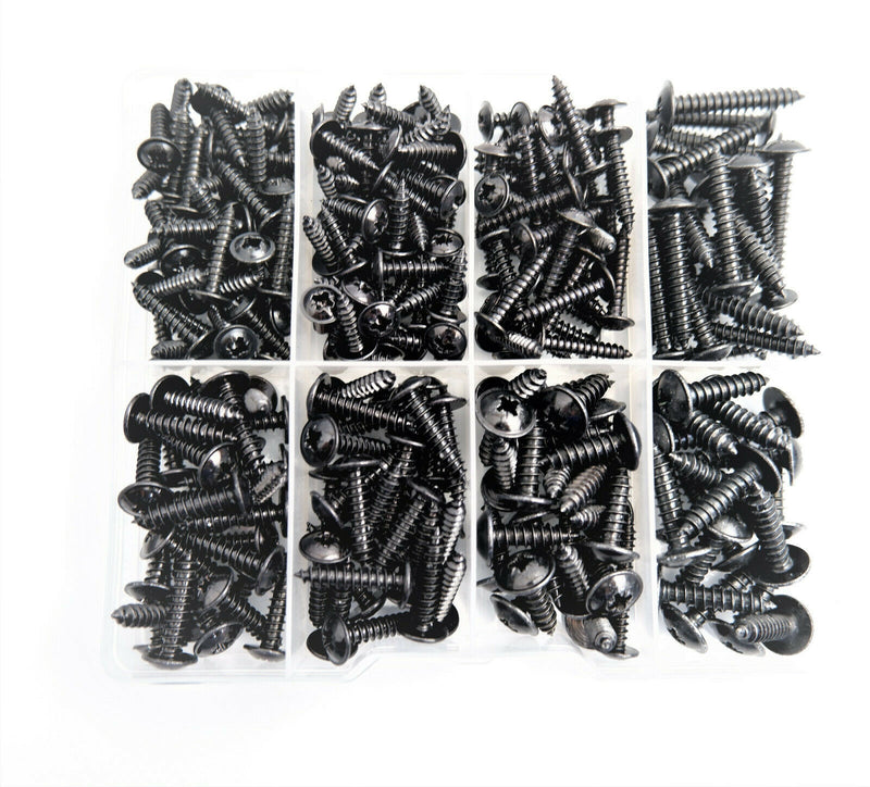 Set of 215 Assorted No.4 6 8 & 10 Black Flange Pozi Pan Self Tapping Screws