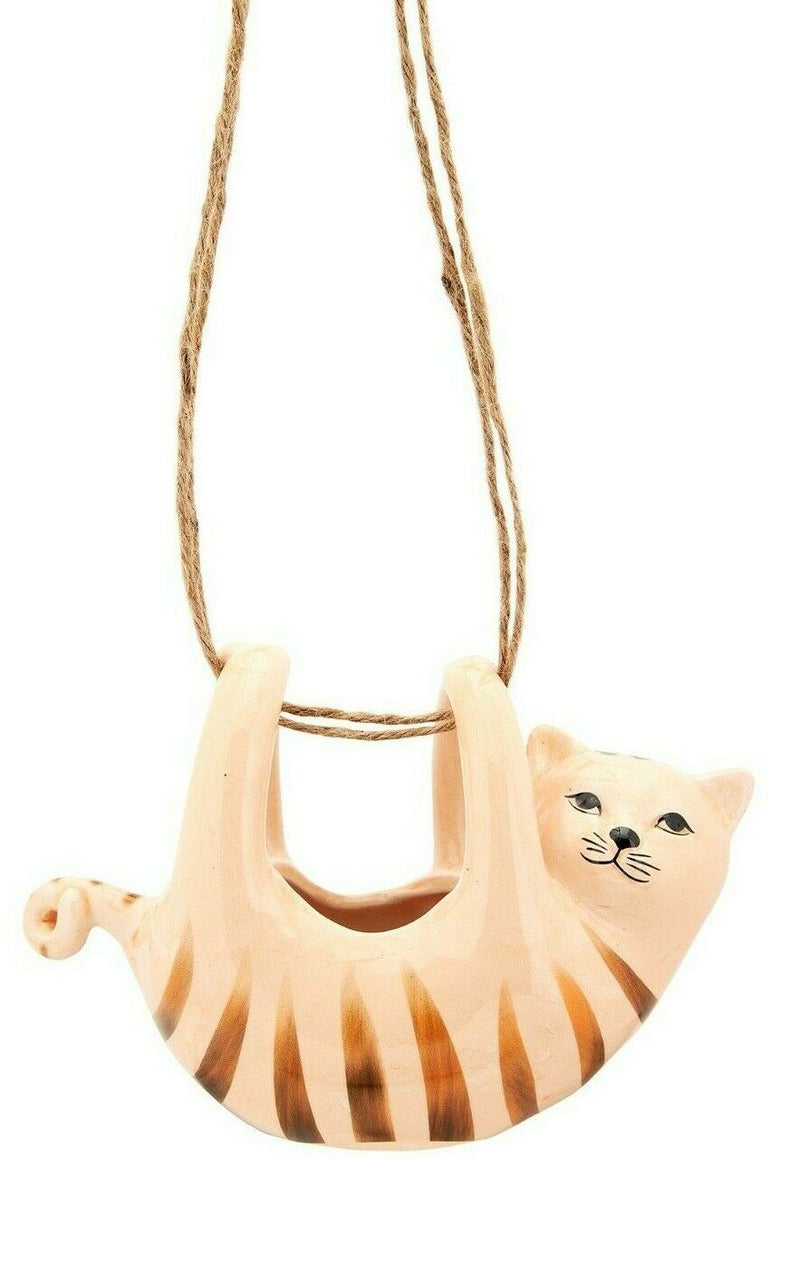 Sass and Belle Cute Cat Hanging Planter Cream Ceramic Plant Holder Home Decor