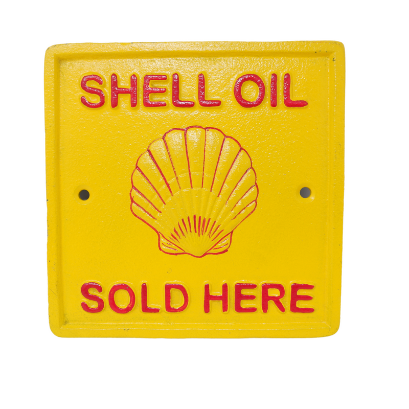 Cast Iron Shell Oil Sold Here Square Sign Plaque Wall Garage Petrol Workshop