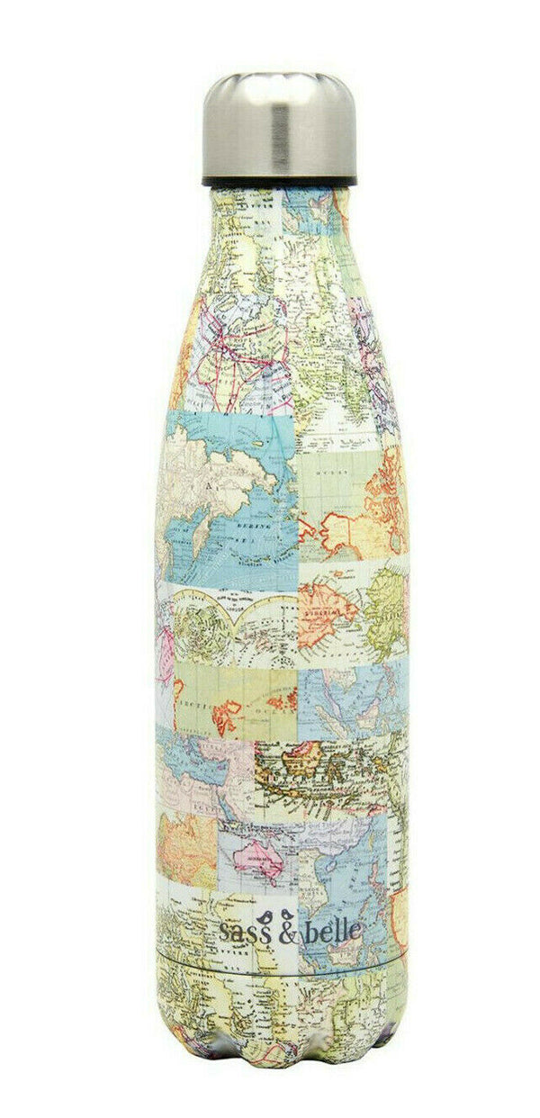 Sass & Belle Vintage Map Collage Stainless Steel Water Bottle Hot Cold Insulated
