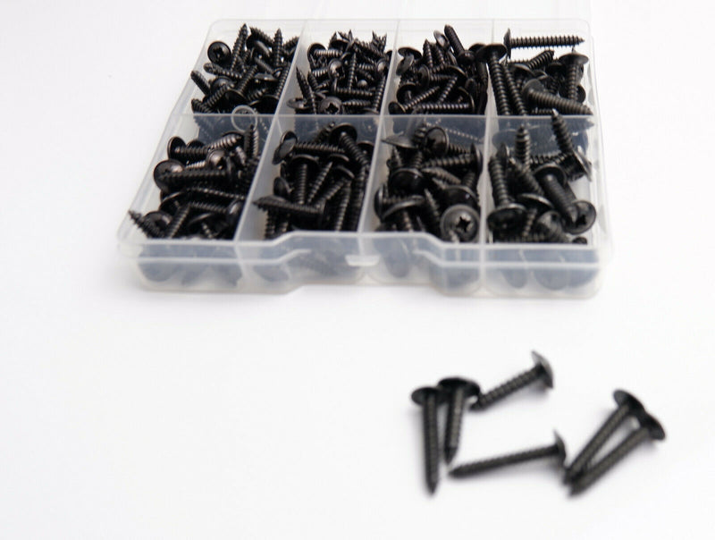 Set of 215 Assorted No.4 6 8 & 10 Black Flange Pozi Pan Self Tapping Screws