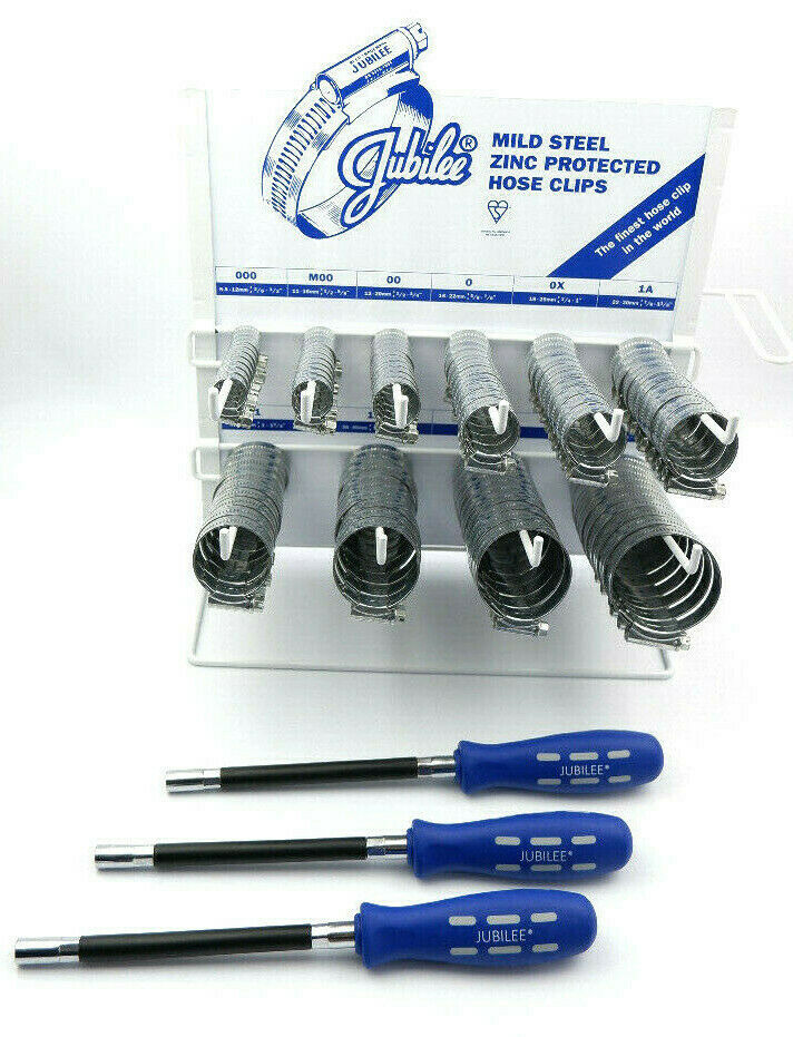 100 x Jubilee Hose Clips with Dispenser Rack Stand and 3 Flexible Drivers Clamp