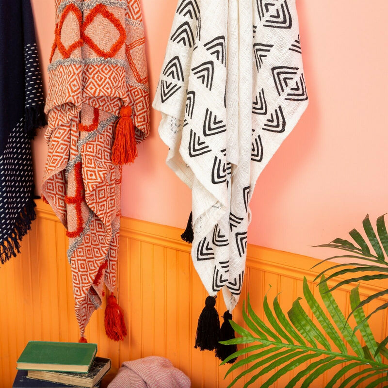 Sass & Belle Triangles Block Print Throw Bedroom Sofa Nomad Cream Black Blanket