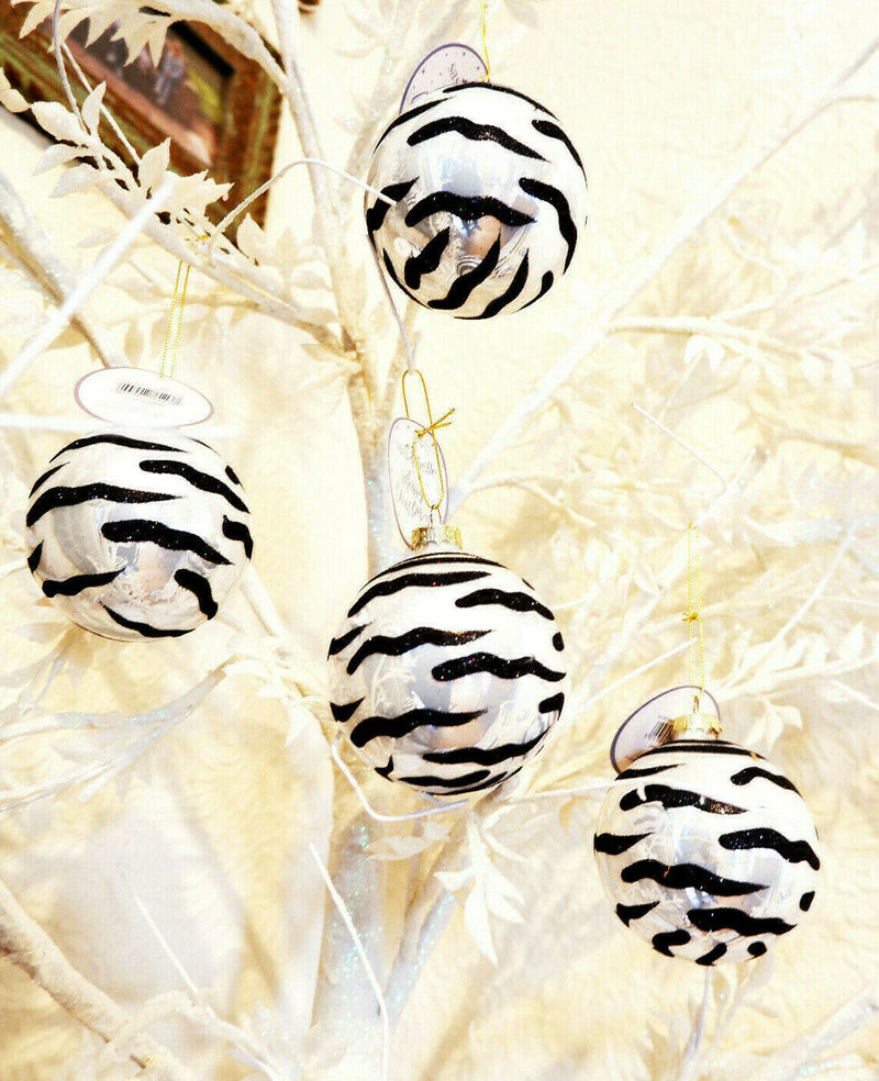 Set of four Glitter Zebra Print Safari Glass Christmas Bauble Decoration 8cm B&W
