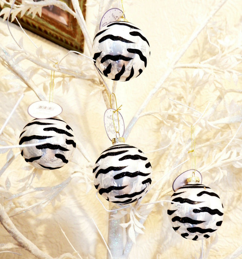 Set of four Glitter Zebra Print Safari Glass Christmas Bauble Decoration 8cm B&W