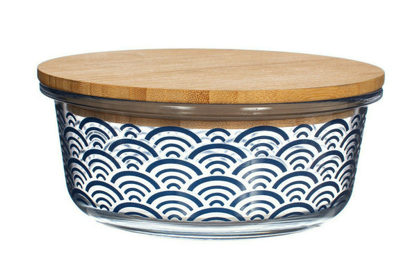 Sass & Belle Sashiko Blue Wave Glass Container With Bamboo Lid Lunch Leftovers