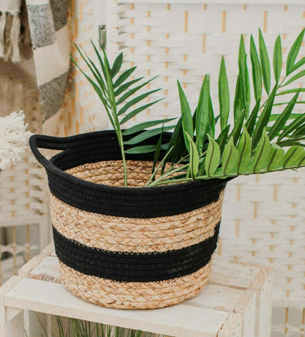 Sass and Belle Scandi Boho Black Rope & Grass Stripe Basket Storage Toy Tidy