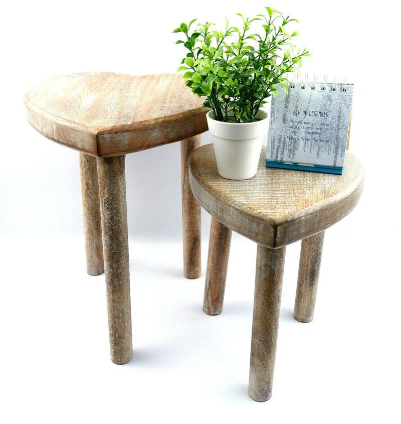 Sass & Belle Set of 2 Heart Wooden Stool Table Living Room Bedroom Rustic Gift