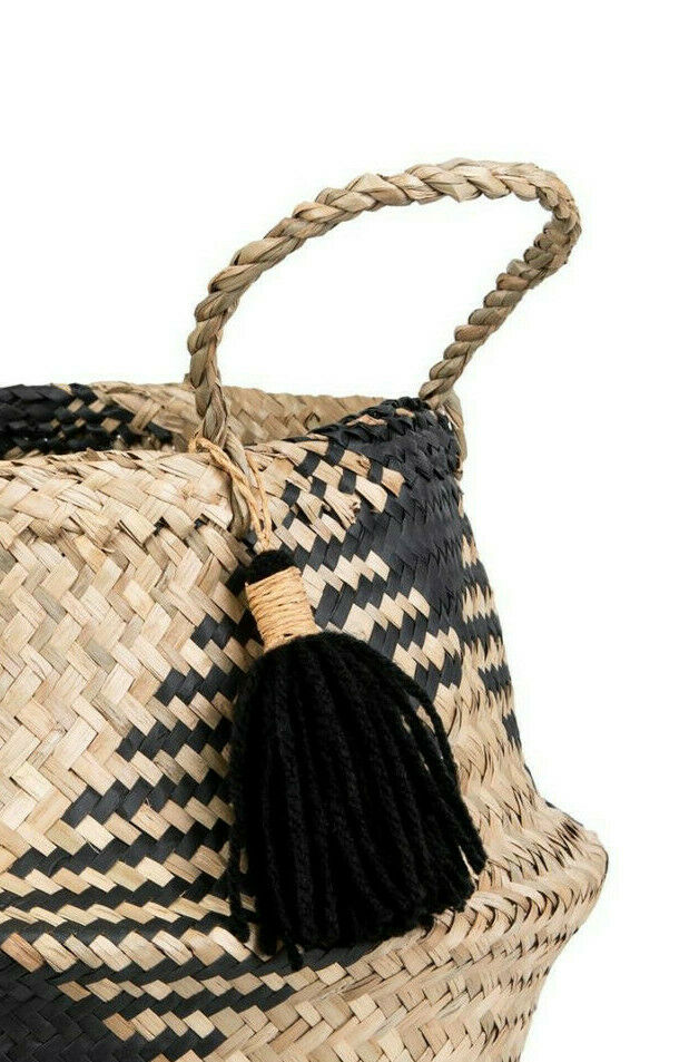 Sass & Belle Seagrass Black Tribal Tassel Storage Basket with Handles Home Decor