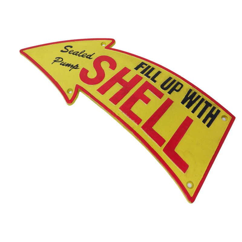 Cast Iron Fill Up With Shell Curved Arrow Sign Wall Plaque Garage Petrol Logo