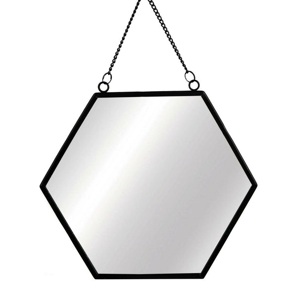 Sass & Belle Black Monochrome Hexagon Mirror Chain Link Wall Hanging Metal Frame