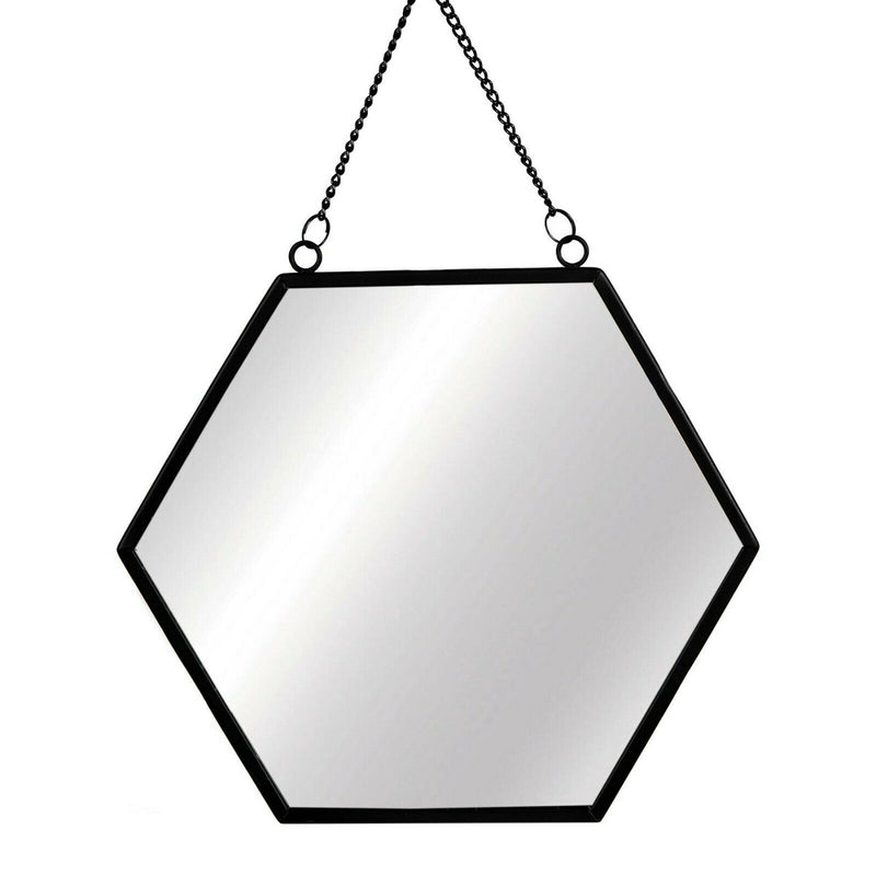 Sass & Belle Black Monochrome Hexagon Mirror Chain Link Wall Hanging Metal Frame