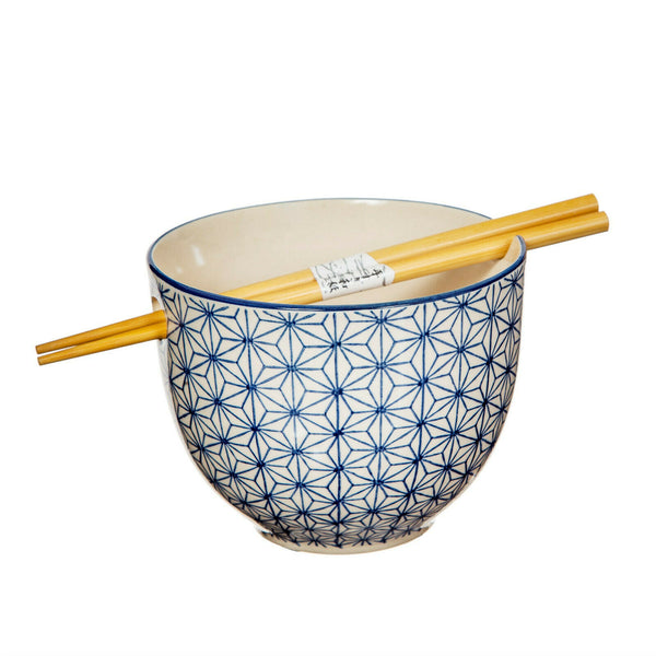 Sass & Belle Blue Pattern Sashiko Noodle Bowl with Chopsticks Takeaway Dining